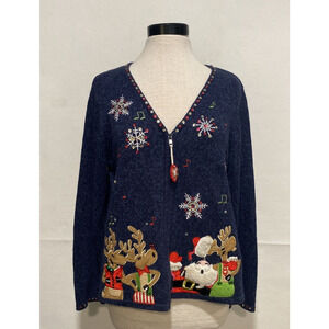 Tiara International Women's Large Blue Funny Christmas Holiday Zip Cardi Sweater